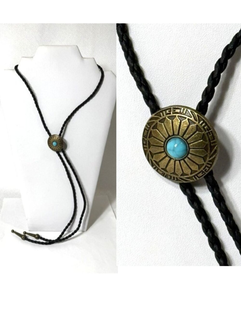 Gold-tone, black cord western cowboy bolo tie